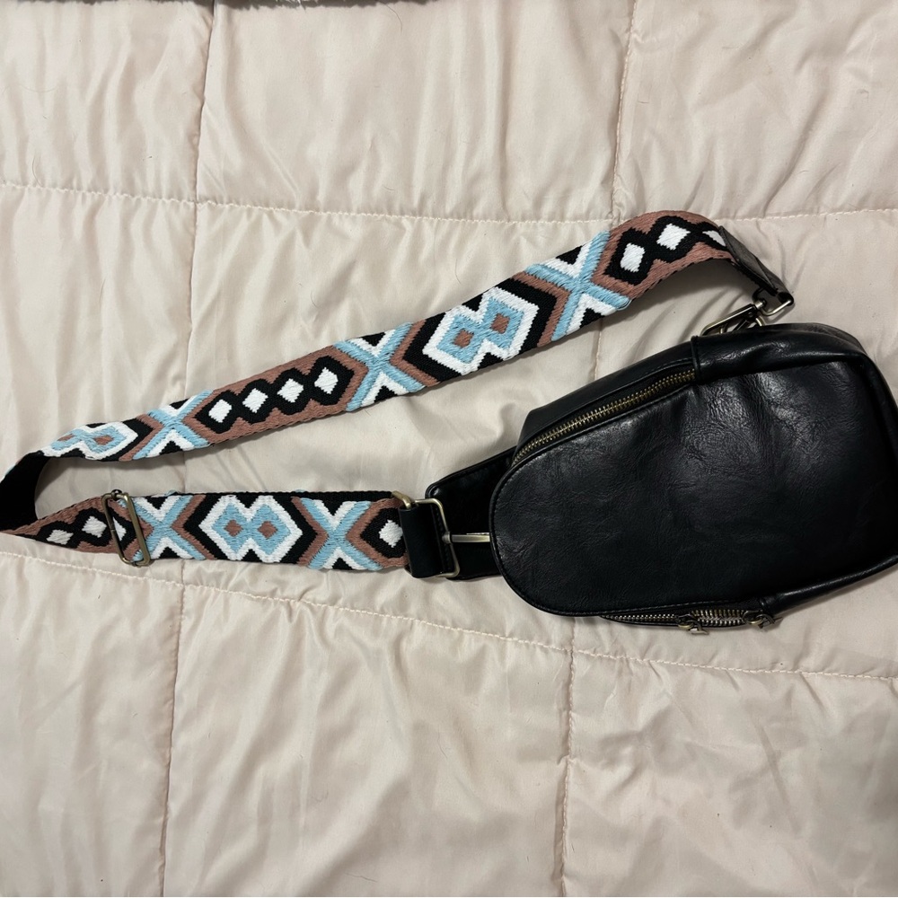 Black Crossbody Bag with Patterned Strap